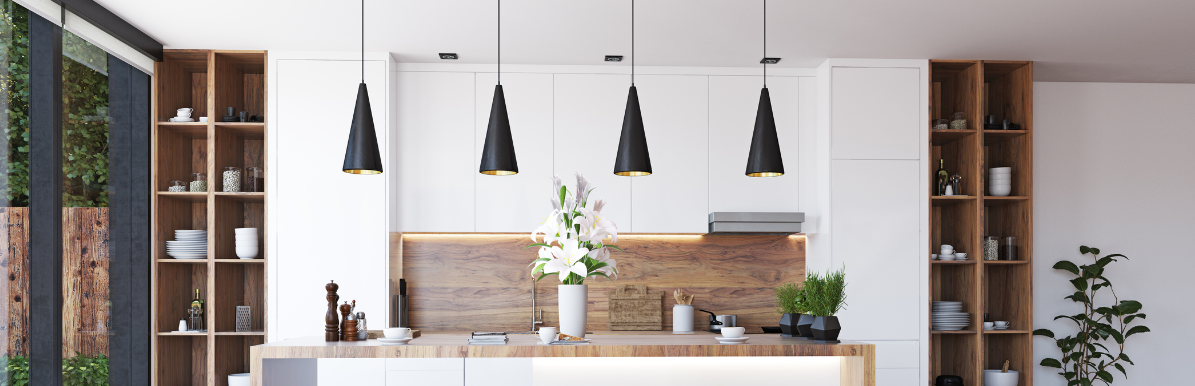 A kitchen with a table and shelves.