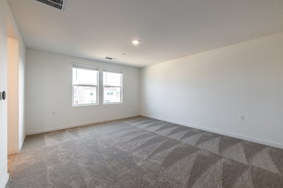 A room with a carpet and windows.