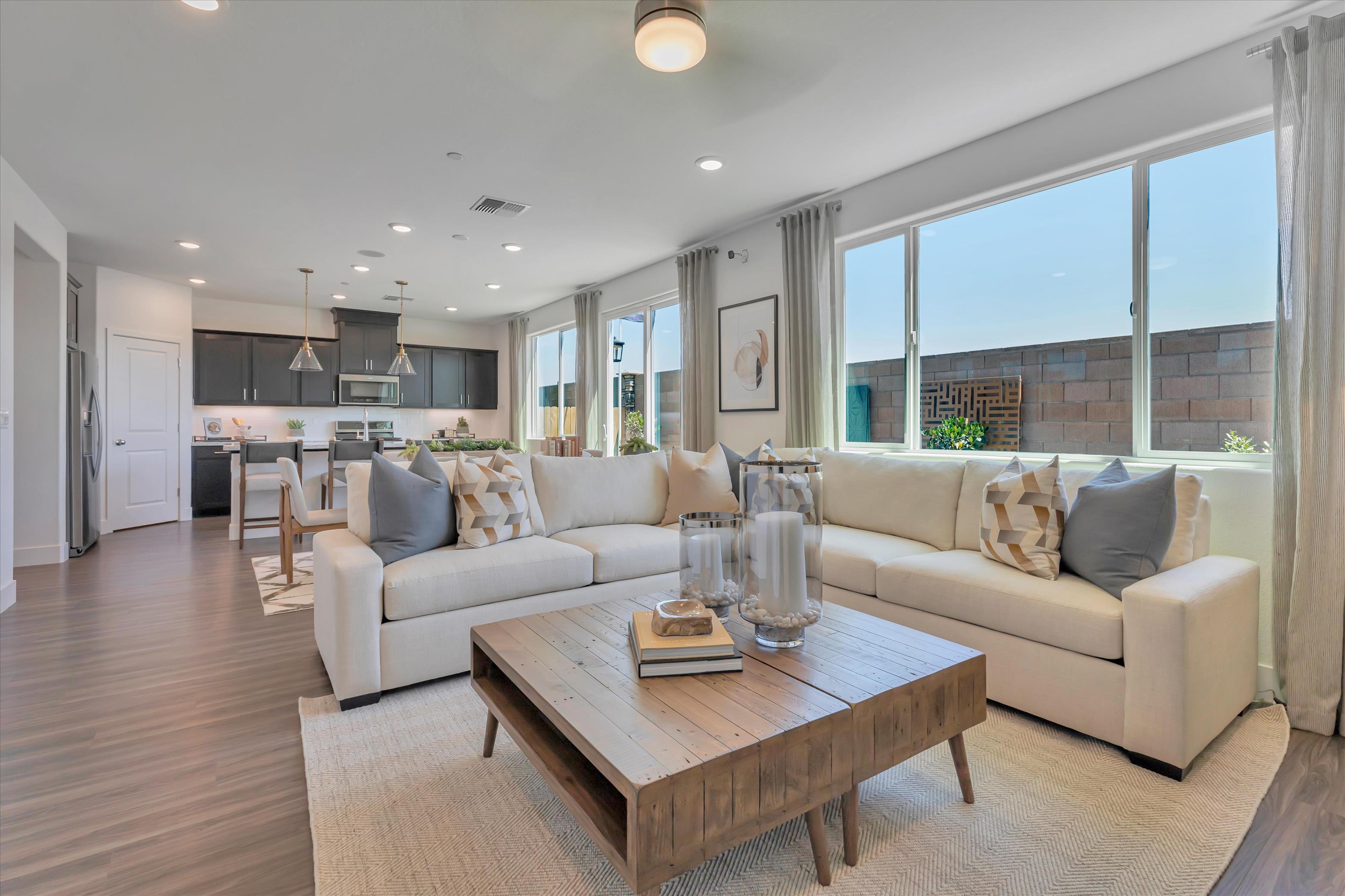 A living room with a large window.