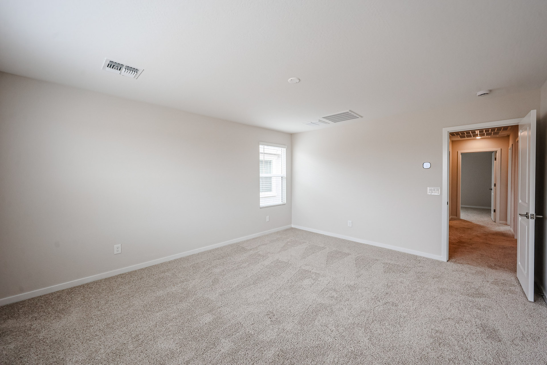 A room with a carpet and a door.