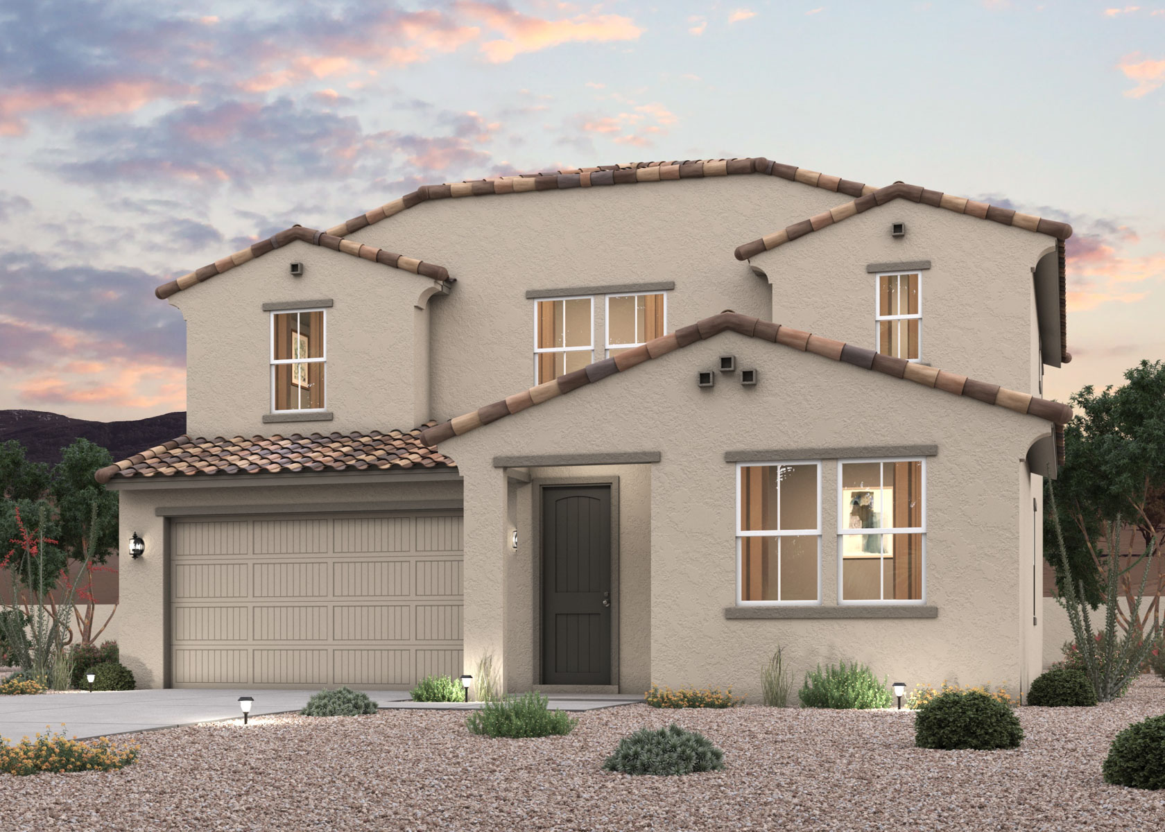 Twilight rendering of the front of a 2-Story home with 2 car garage in Surprise, AZ