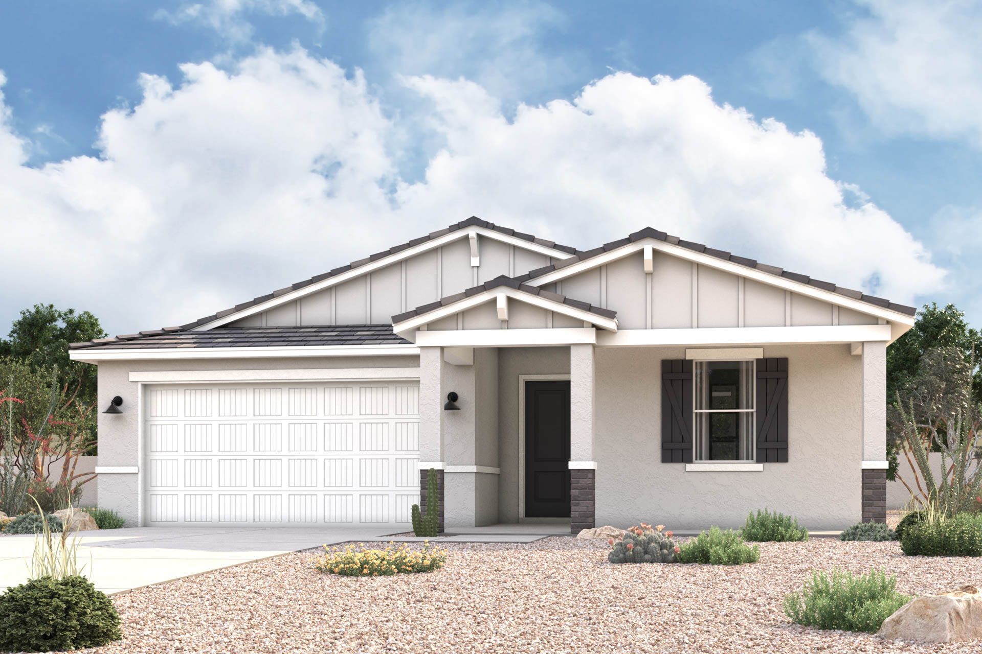 New Home farmhouse exterior elevation rendering of single-story 4-bedroom 3-bathroom floor plan with an additional ensuite bedroom with full bath in addition to the primary suite in Florence AZ Near Queen Creek USDA Loan VA Loan Eligible Near Hunt Highway with community Pool, Gym and more!