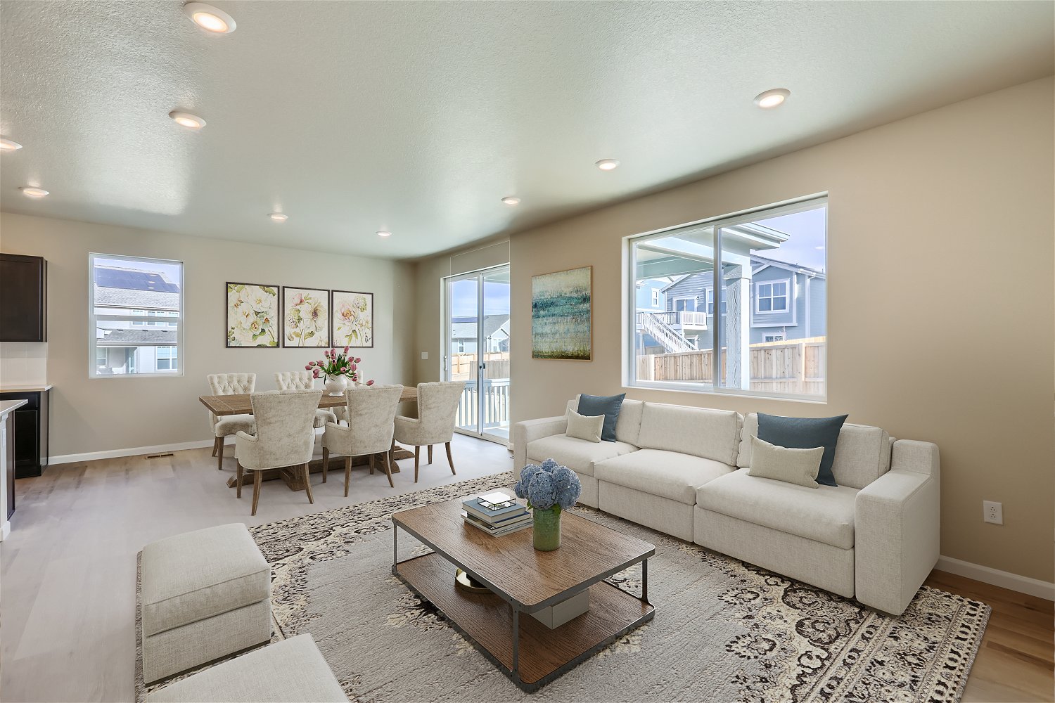 A living room with a couch and a table.