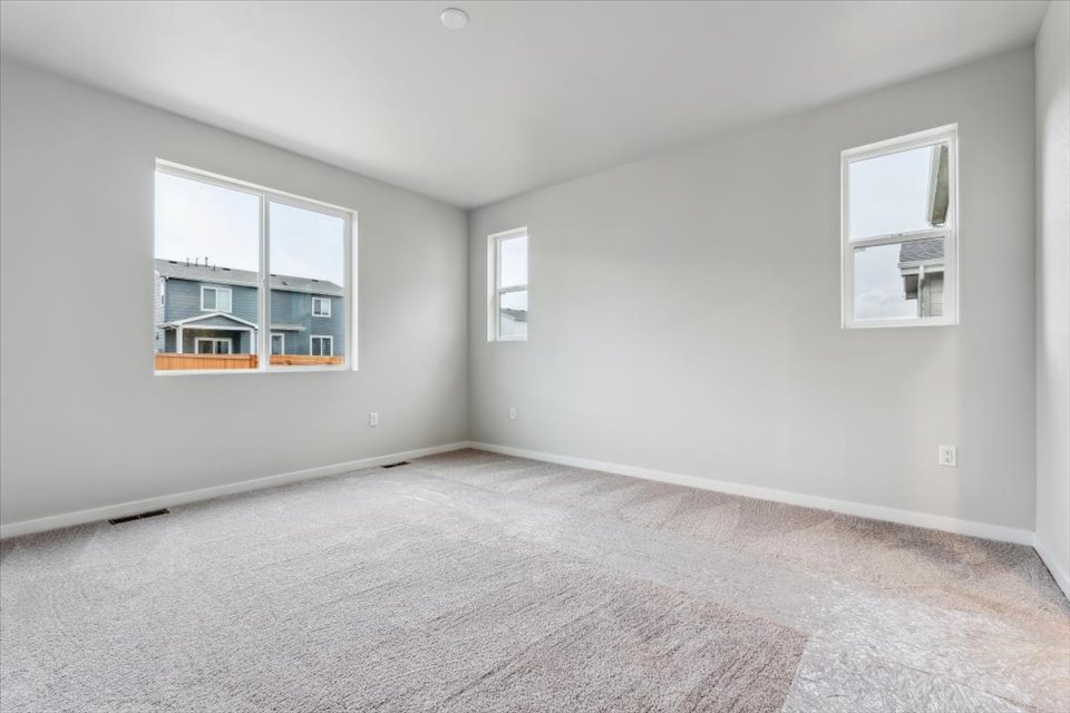 A room with a carpet and windows.
