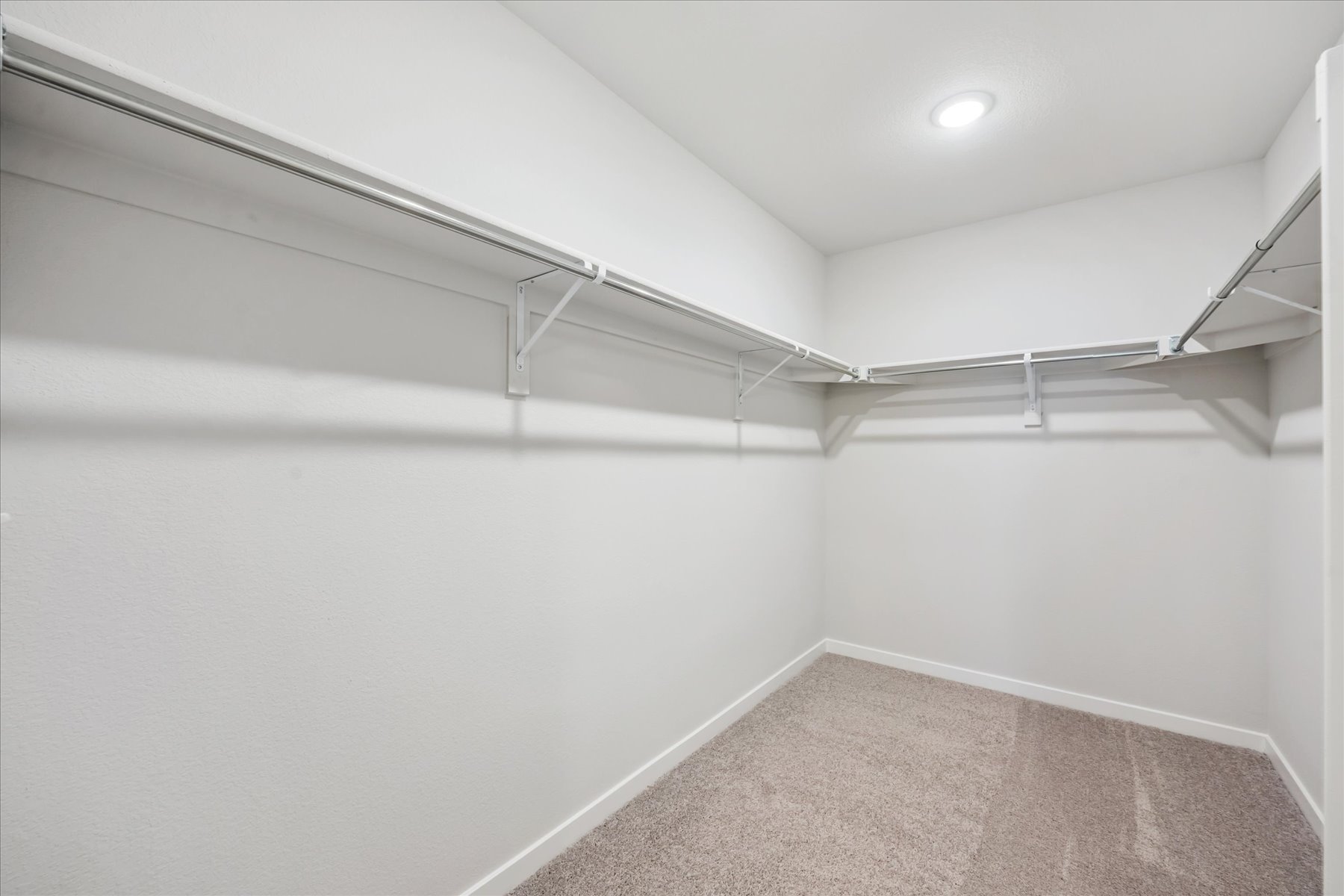 A white hallway with a carpet.