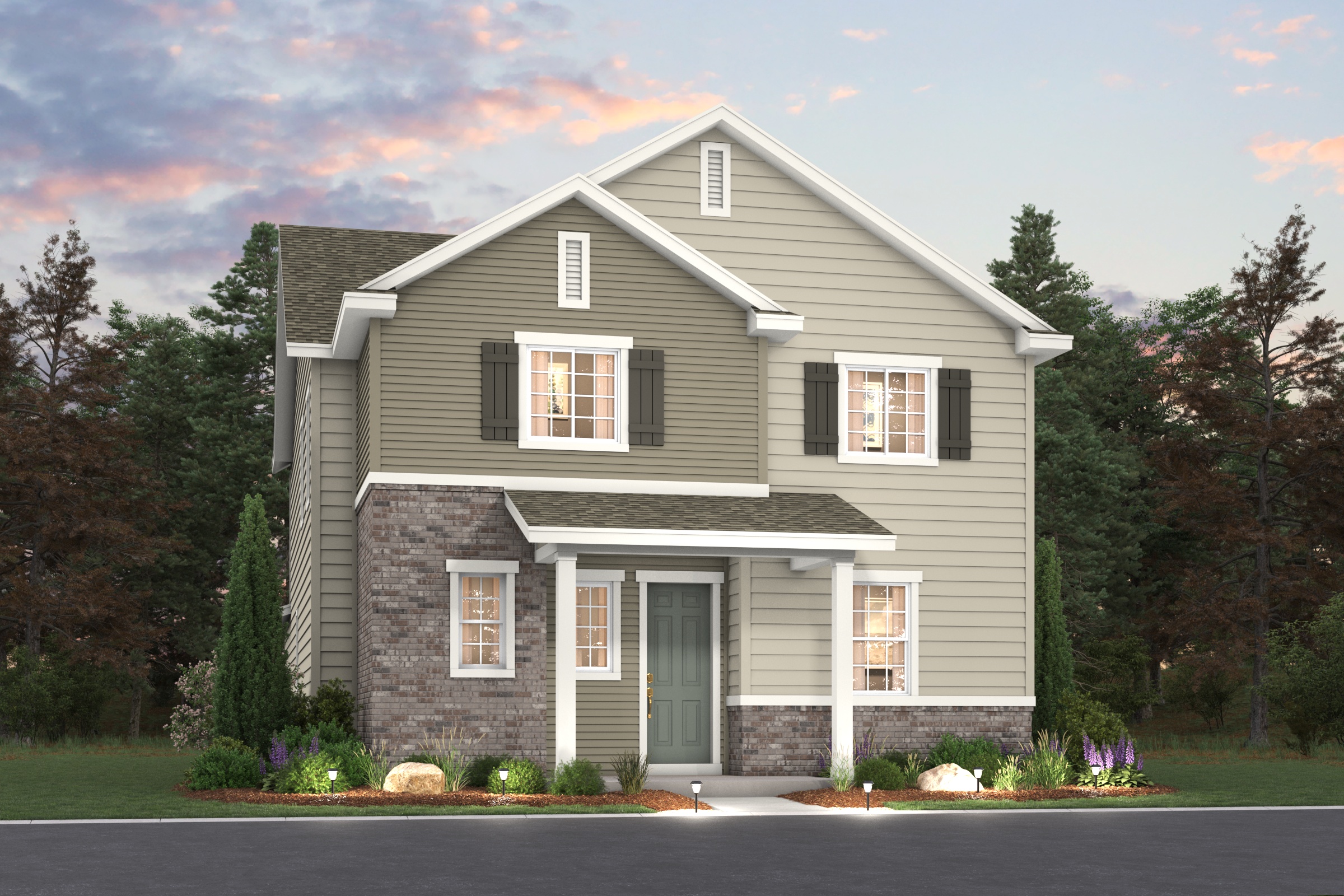 A house with trees in the back.