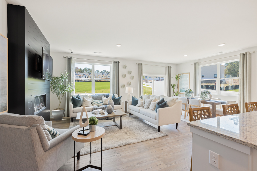 A living room with a large window.