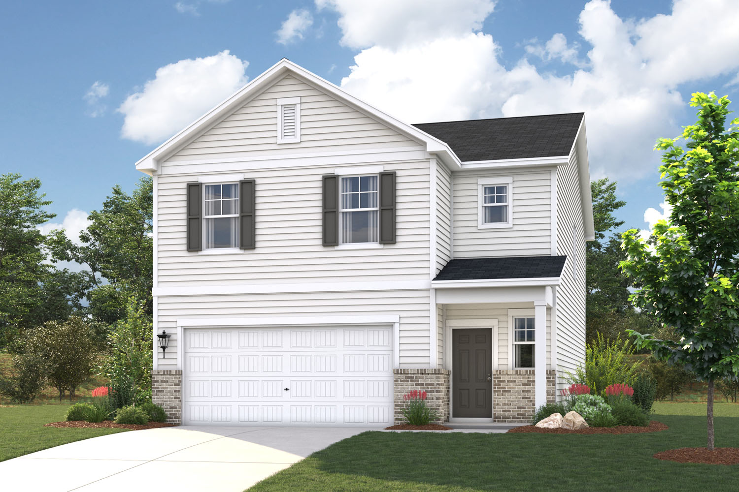 A white house with a garage.