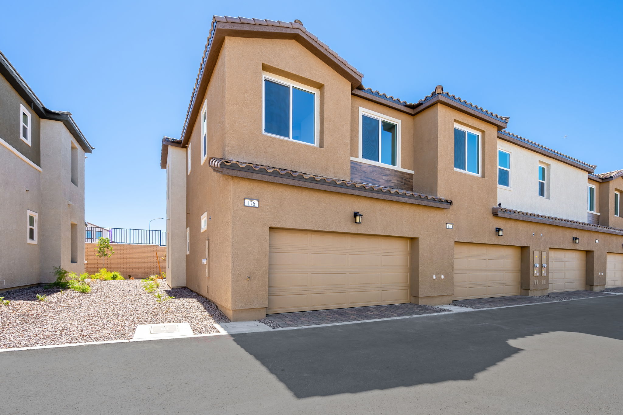A building with a garage.