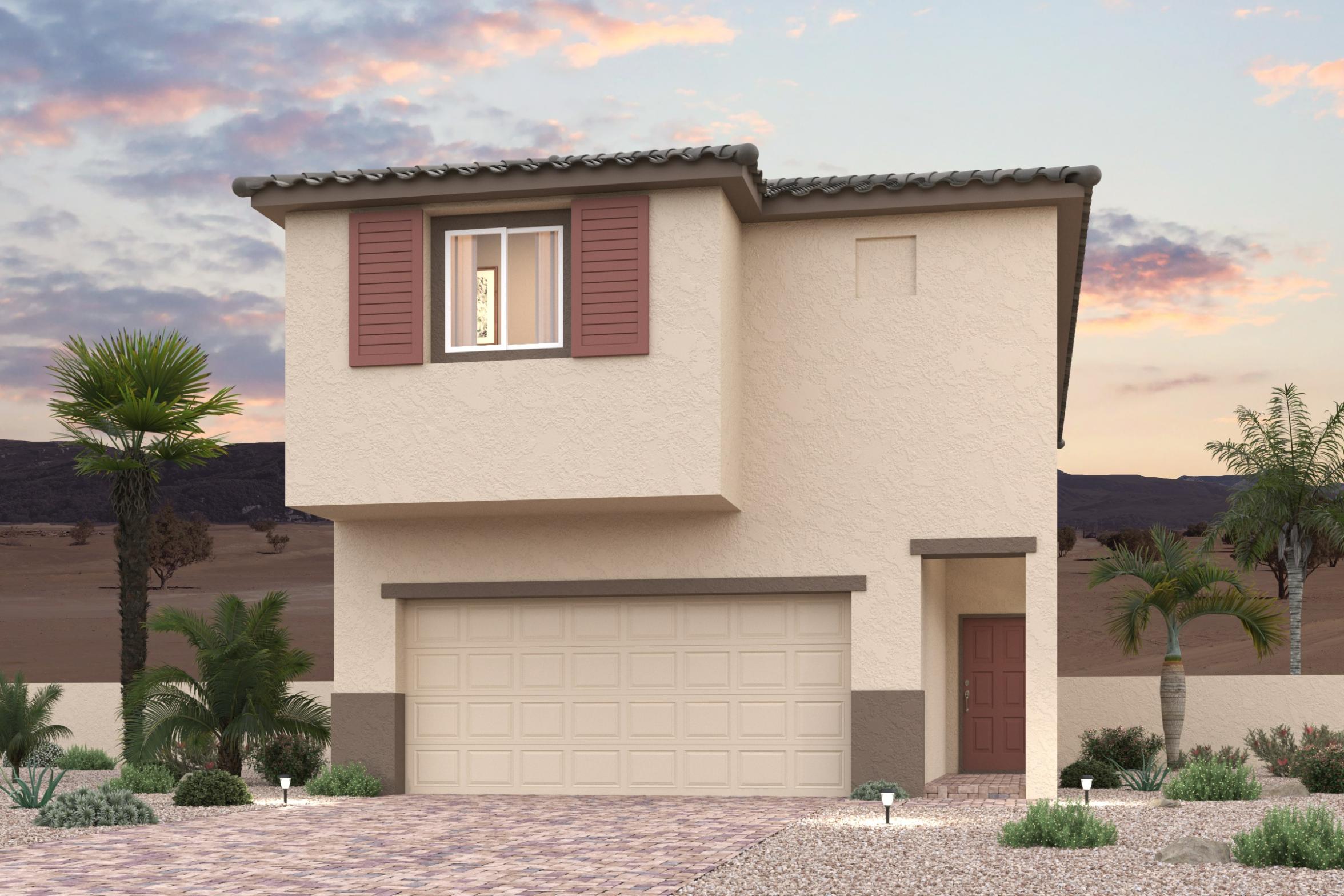 A house with a garage and palm trees.