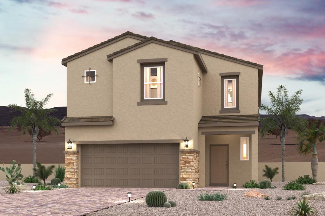 A house with a driveway and palm trees.