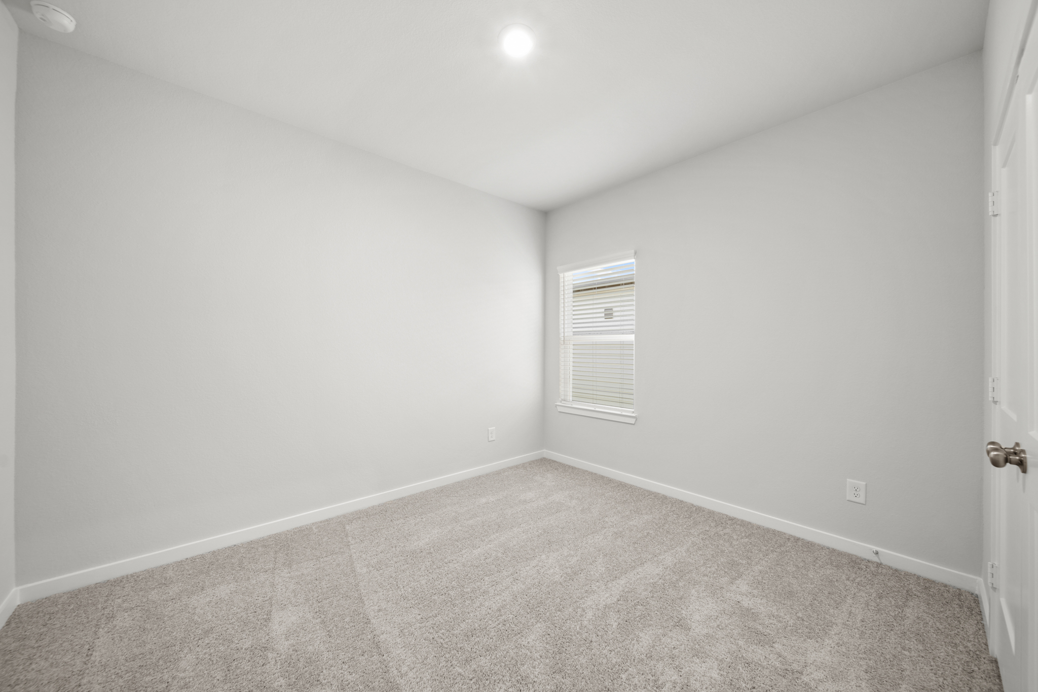 A room with a carpet and a door.