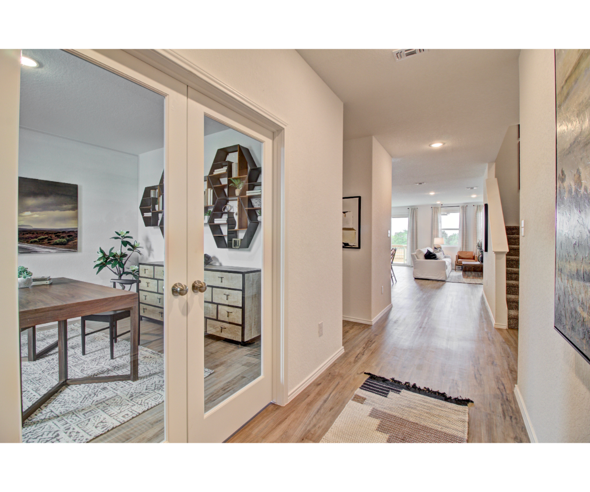 A room with a glass door.