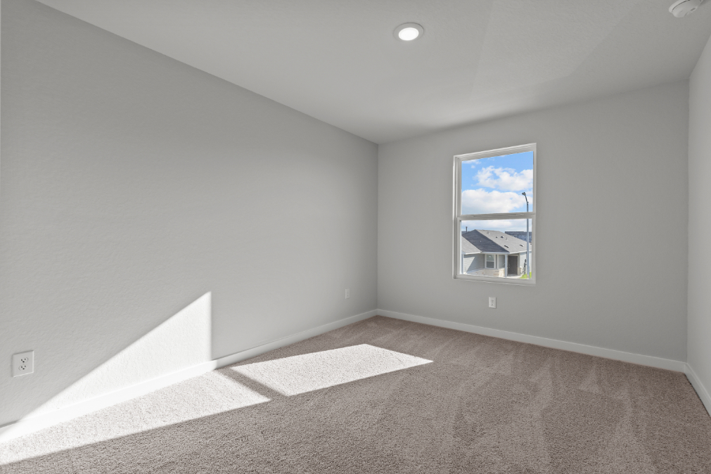 A room with a rug and a window.