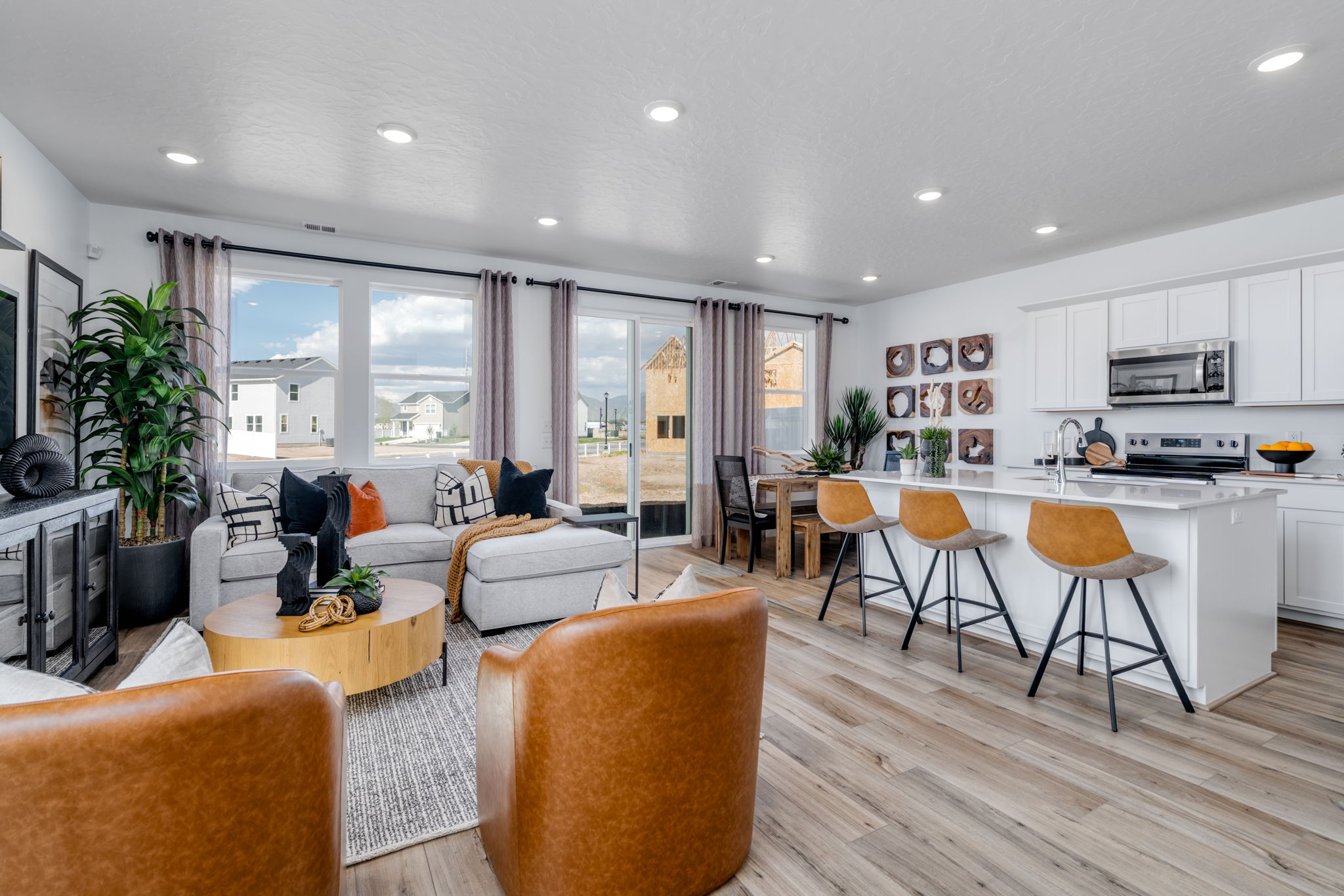 A living room with a large window.