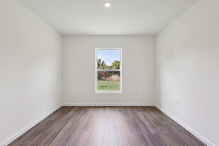 A room with a wood floor and a window with a tree outside.
