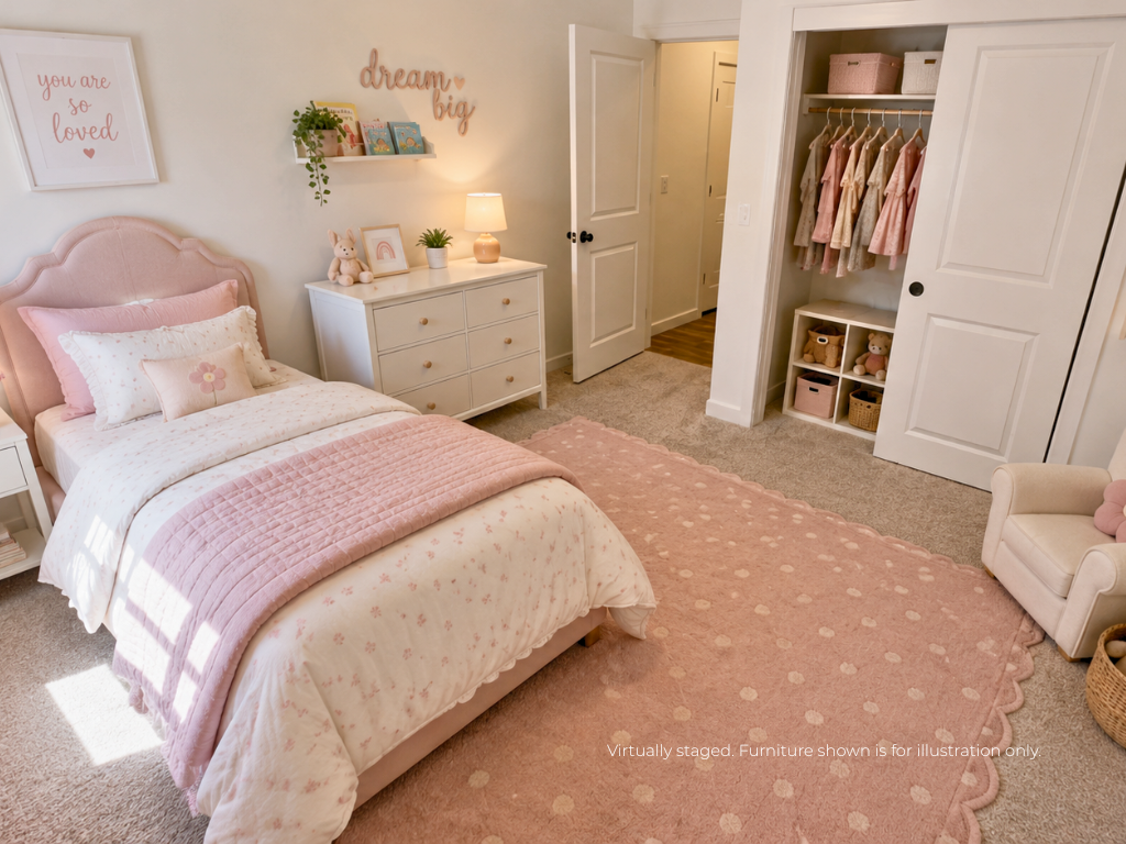 A bedroom with a pink bed.