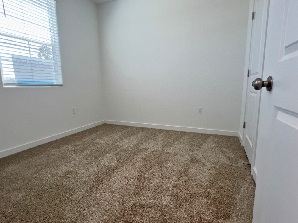 A room with a carpet and a door.